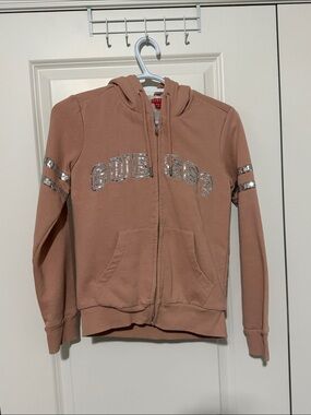 GUESS Girls' Dusty Rose Zip Hoodie with Silver Sequin Logo